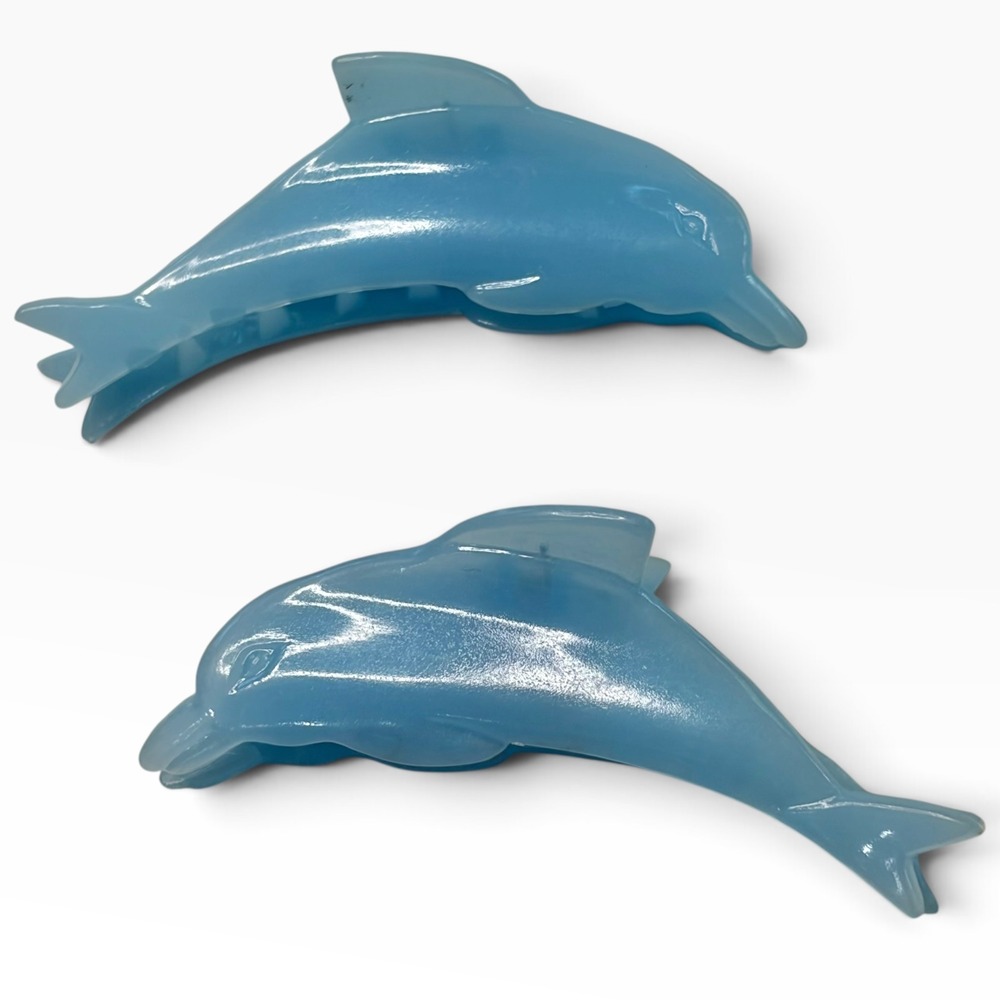 Vintage Blue Dolphin Hair Claw Clips Pearlescent Ocean Beach Accessory 2pc Set